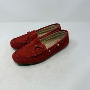 Lands End Red Suede Moccasin Loafers Bow Detail Driving Flats Size 9.5 Coastal